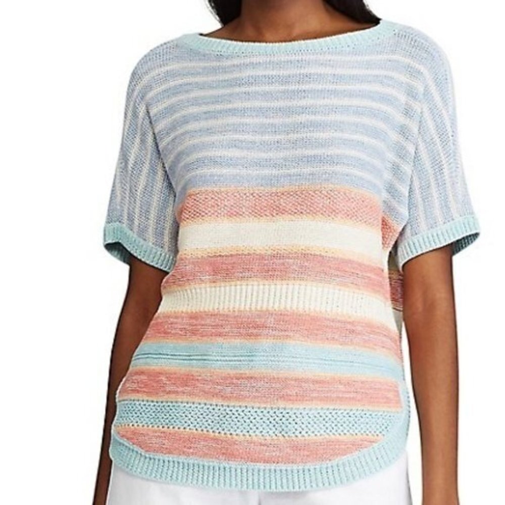 CHAPS RALPH LAUREN Dolman Short Sleeve Knitted Sweater XL Stripe Pink Blue